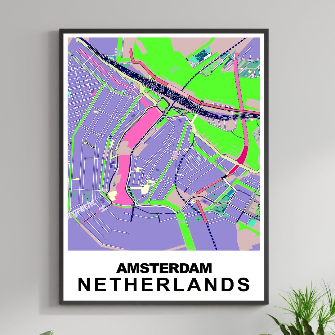 COLOURED ROAD MAP OF AMSTERDAM, NETHERLANDS BY MAPBAKES
