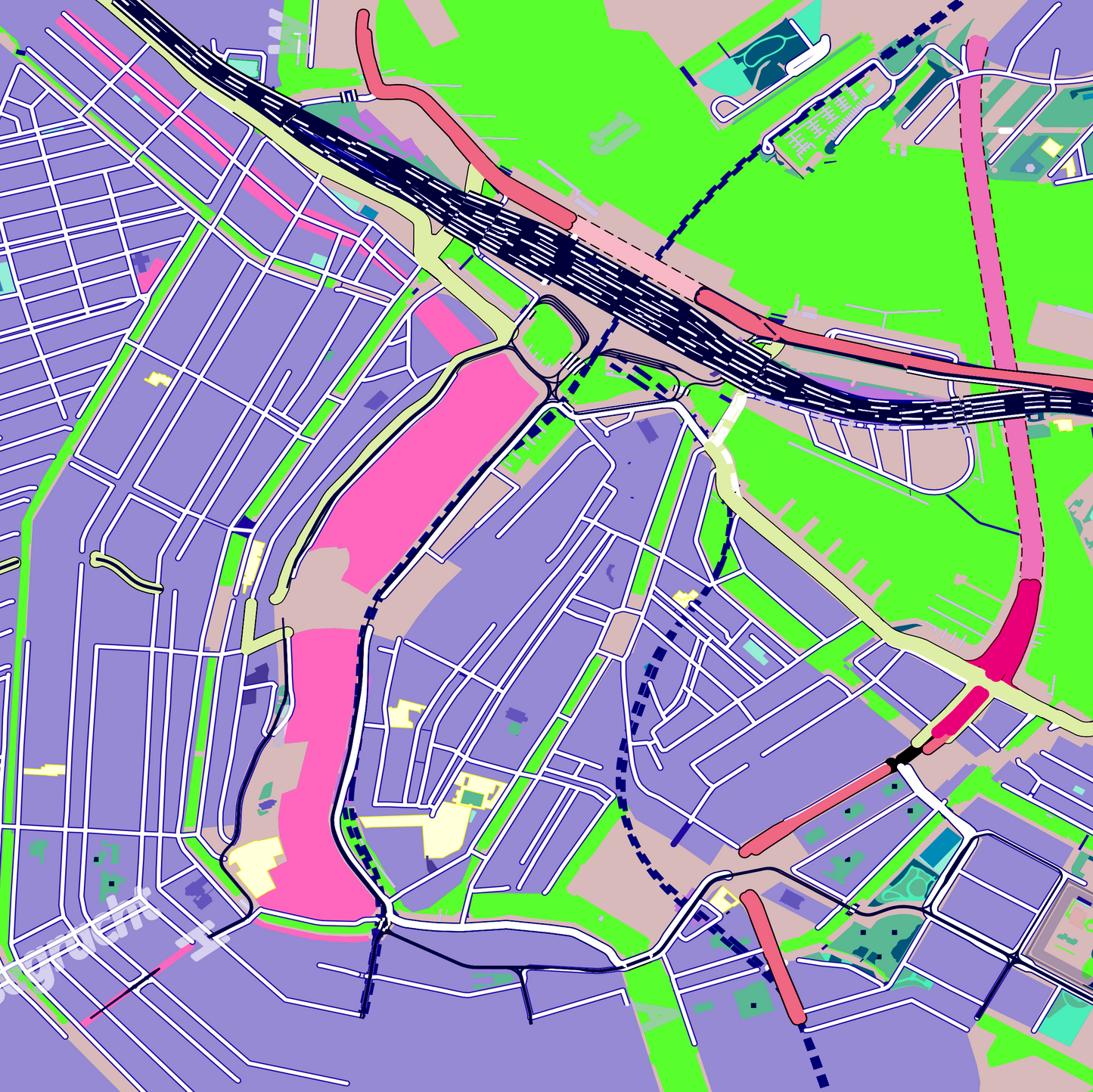 COLOURED ROAD MAP OF AMSTERDAM, NETHERLANDS BY MAPBAKES