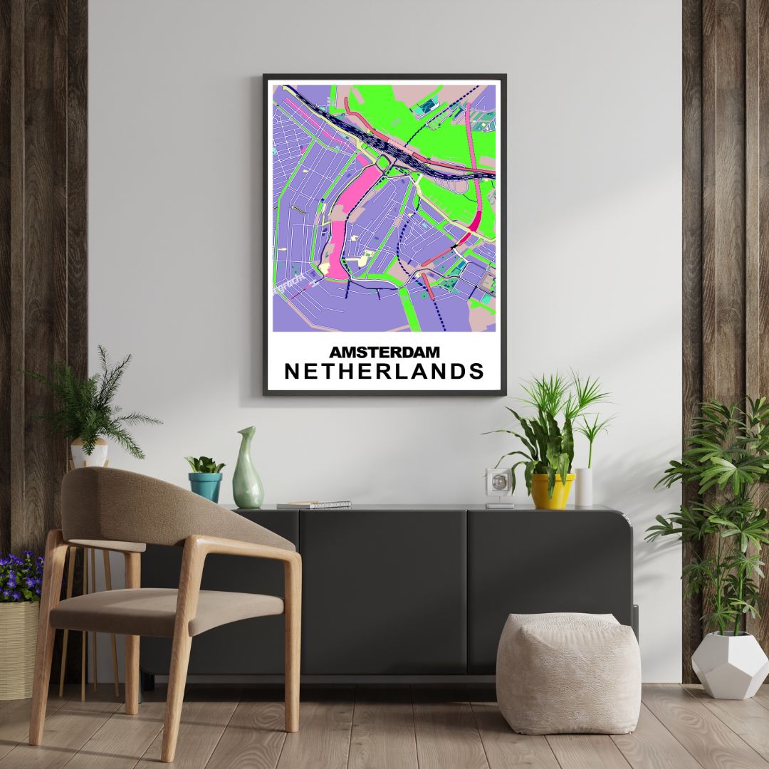 COLOURED ROAD MAP OF AMSTERDAM, NETHERLANDS BY MAPBAKES