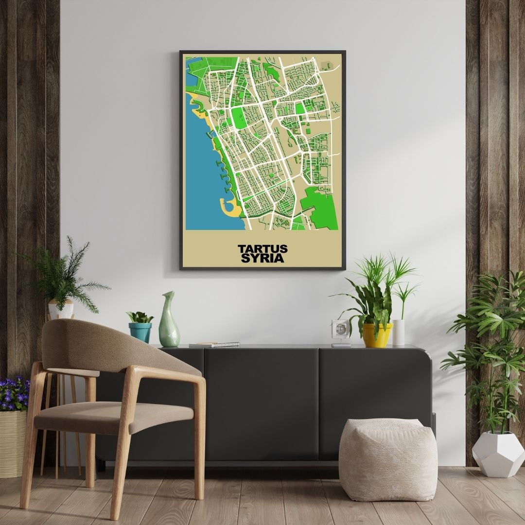 COLOURED ROAD MAP OF TARTUS, SYRIA BY MAPBAKES