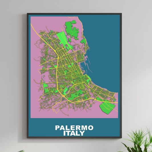 COLOURED ROAD MAP OF PALERMO, ITALY BY MAPBAKES