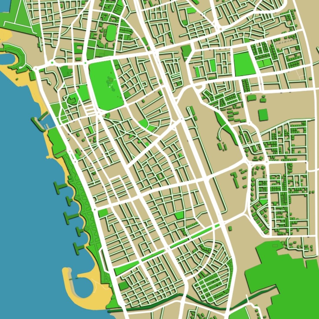 COLOURED ROAD MAP OF TARTUS, SYRIA BY MAPBAKES