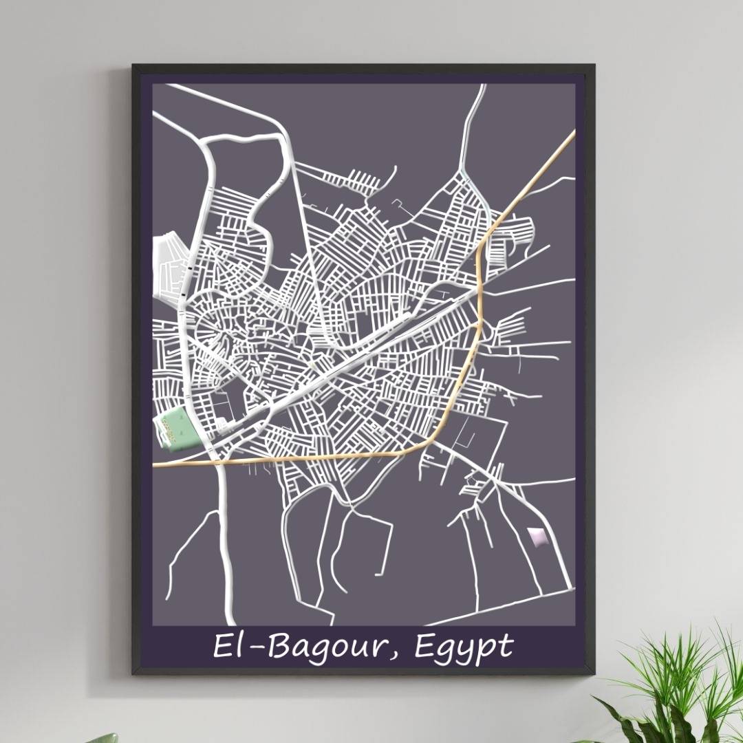 COLOURED ROAD MAP OF EL-BAGOUR, EGYPT BY MAPBAKES