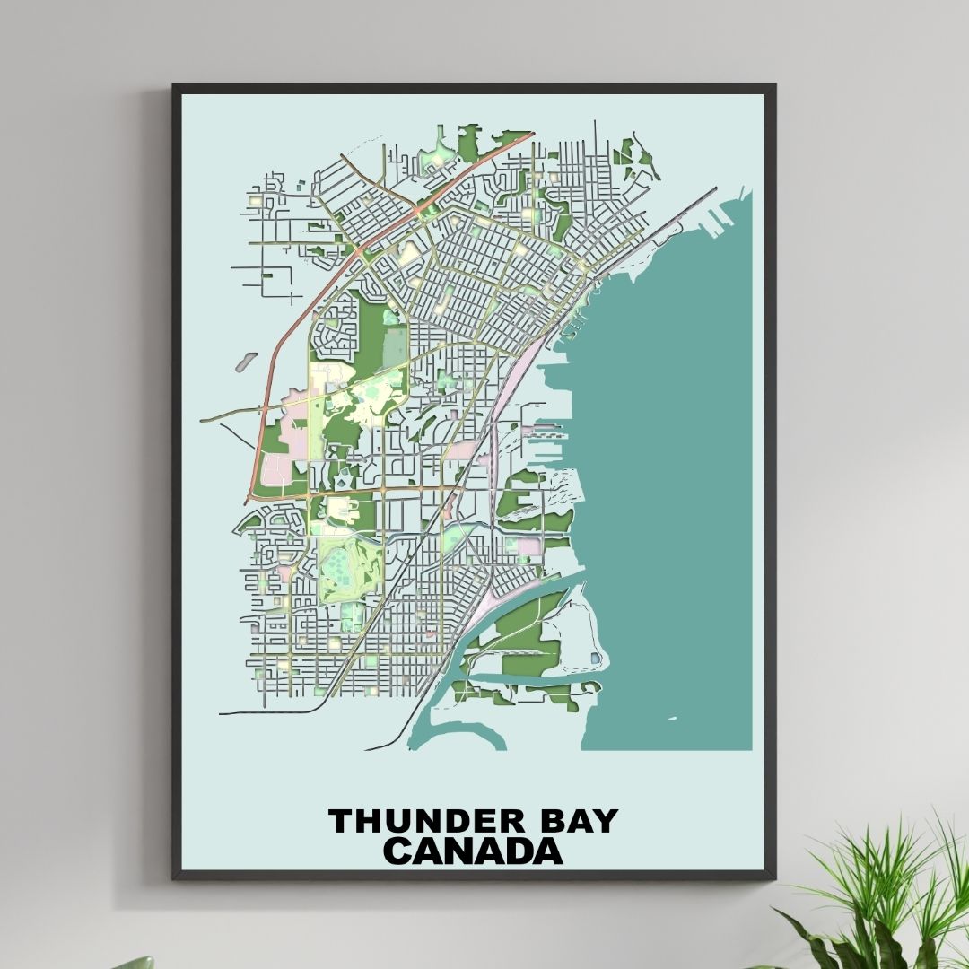 COLOURED ROAD MAP OF THUNDER BAY, CANADA BY MAPBAKES