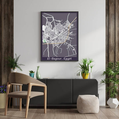 COLOURED ROAD MAP OF EL-BAGOUR, EGYPT BY MAPBAKES