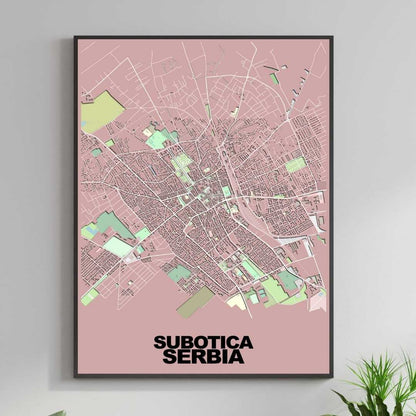 COLOURED ROAD MAP OF SUBOTICA, SERBIA BY MAPBAKES