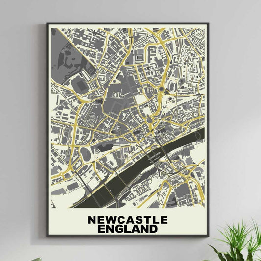 COLOURED ROAD MAP OF NEWCASTLE, ENGLAND BY MAPBAKES
