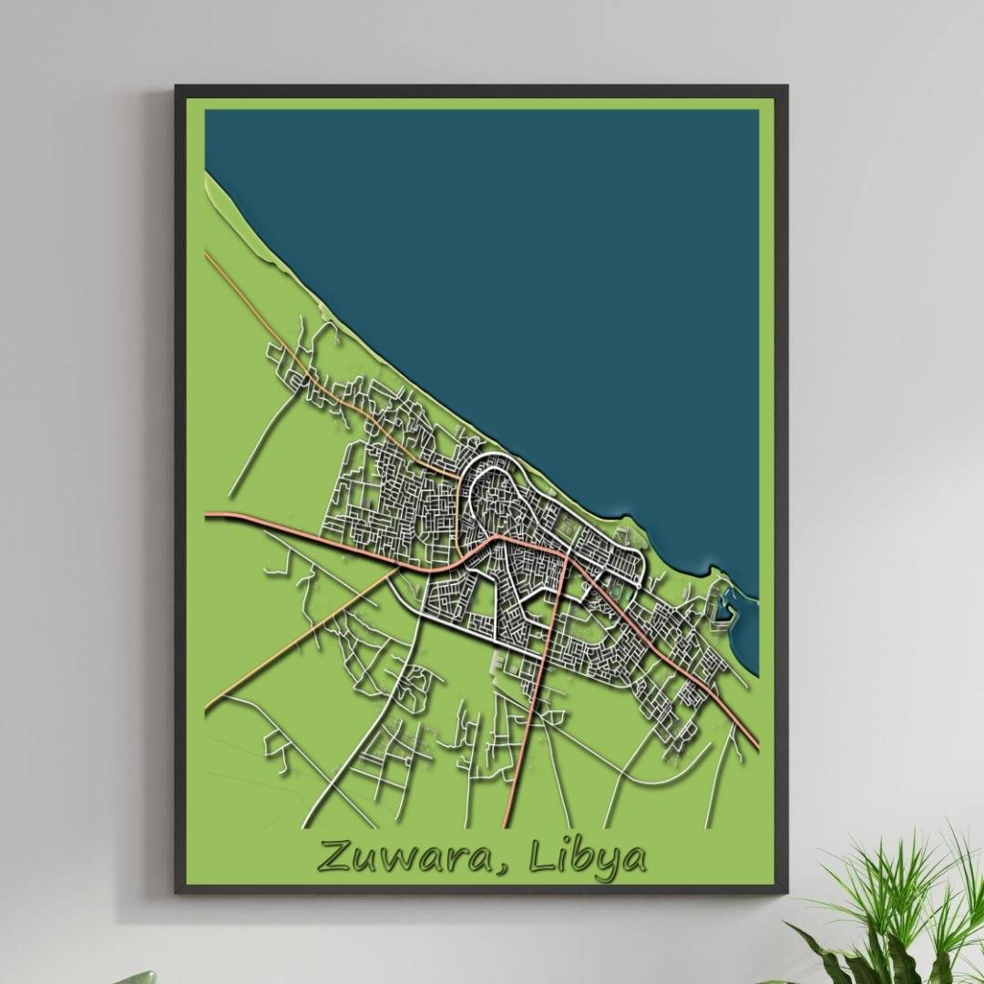 COLOURED ROAD MAP OF ZUWARA, LIBYA BY MAPBAKES