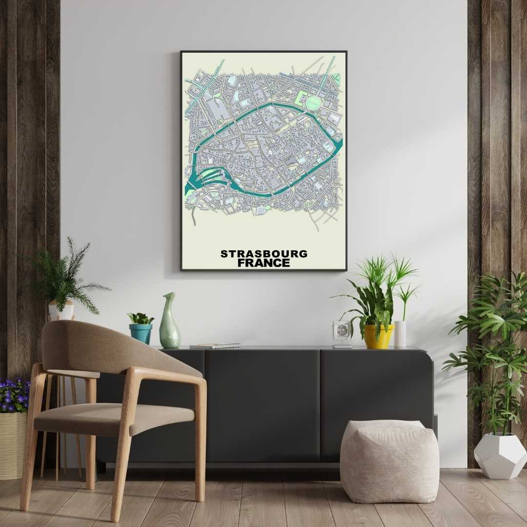 COLOURED ROAD MAP OF STRASBOURG, FRANCE BY MAPBAKES