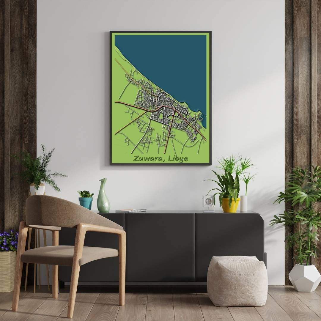 COLOURED ROAD MAP OF ZUWARA, LIBYA BY MAPBAKES