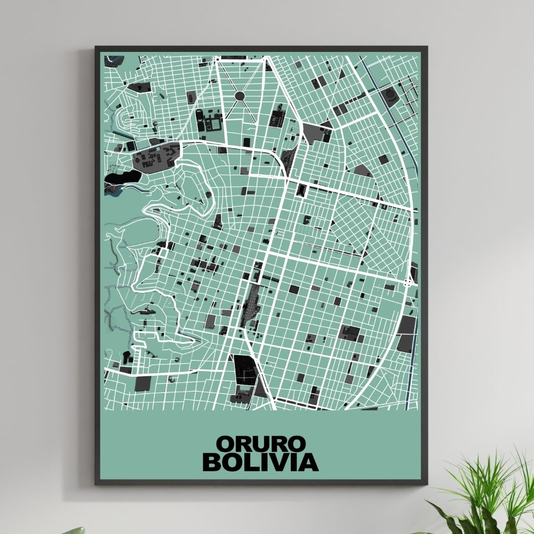 COLOURED ROAD MAP OF ORURO, BOLIVIA BY MAPBAKES