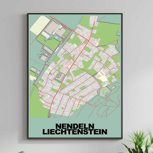 COLOURED ROAD MAP OF NENDELN, LIECHTENSTEIN BY MAPBAKES