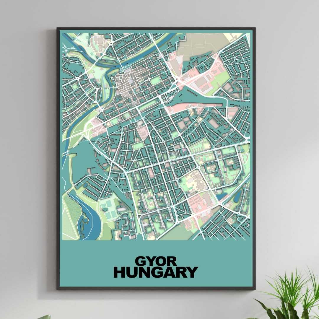 COLOURED ROAD MAP OF GYOR, HUNGARY BY MAPBAKES