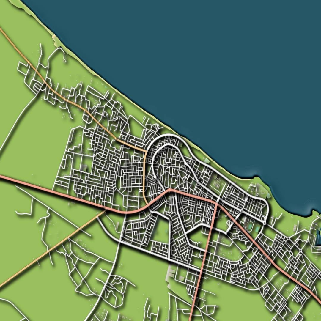 COLOURED ROAD MAP OF ZUWARA, LIBYA BY MAPBAKES