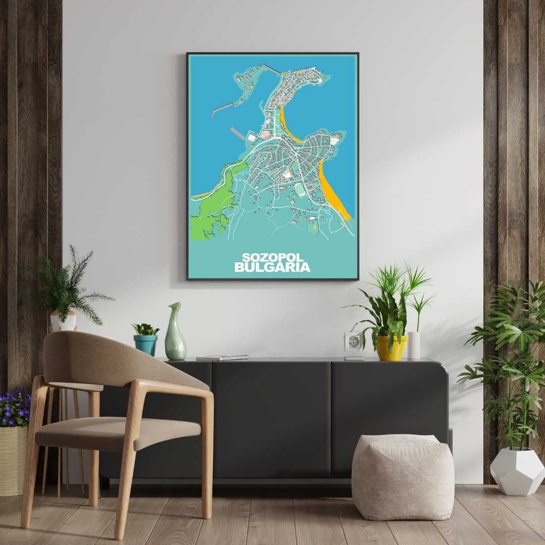 COLOURED ROAD MAP OF SOZOPOL, BULGARIA BY MAPBAKES