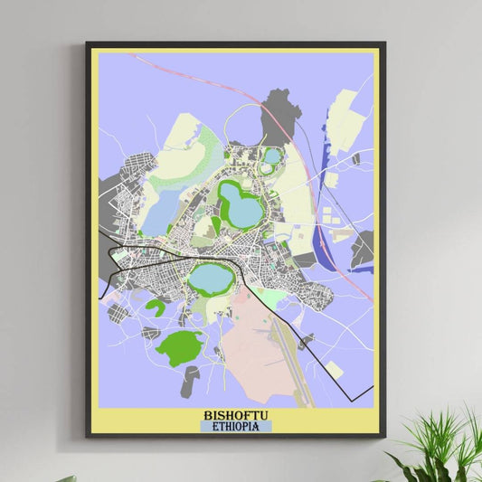 COLOURED ROAD MAP OF BISHOFTU, ETHIOPIA BY MAPBAKES