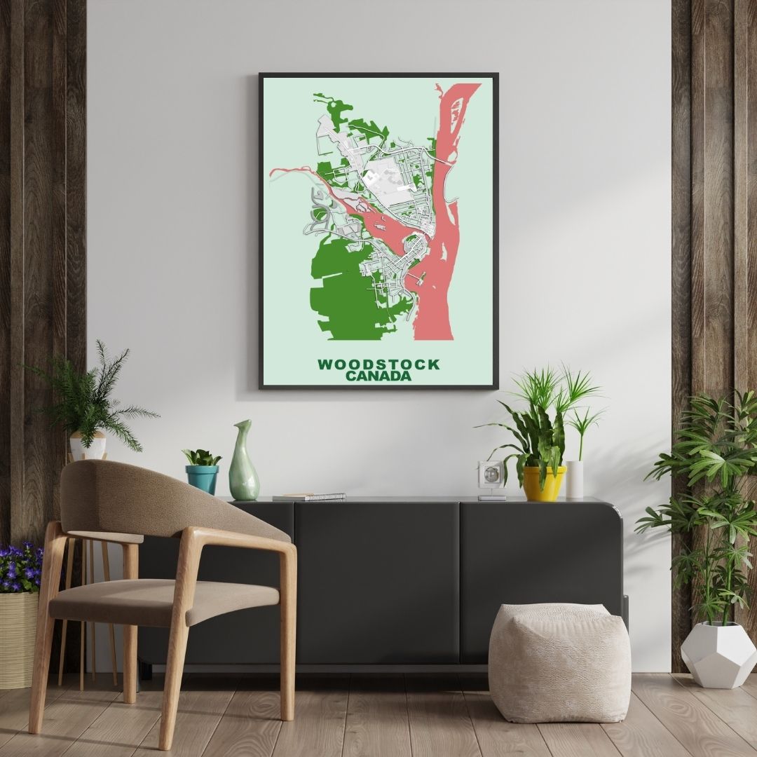 COLOURED ROAD MAP OF WOODSTOCK, CANADA BY MAPBAKES