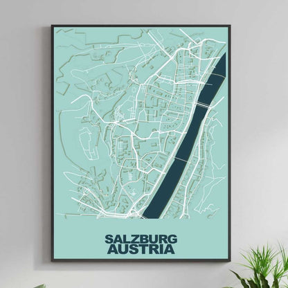 COLOURED ROAD MAP OF SALZBURG, AUSTRIA BY MAPBAKES