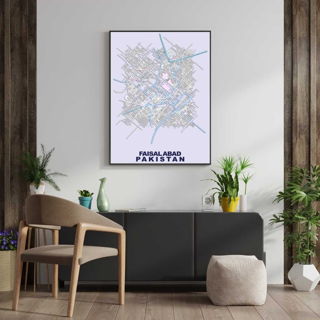 COLOURED ROAD MAP OF FAISLABAD, PAKISTAN BY MAPBAKES