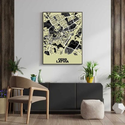 COLOURED ROAD MAP OF CESIS, LATVIA BY MAPBAKES