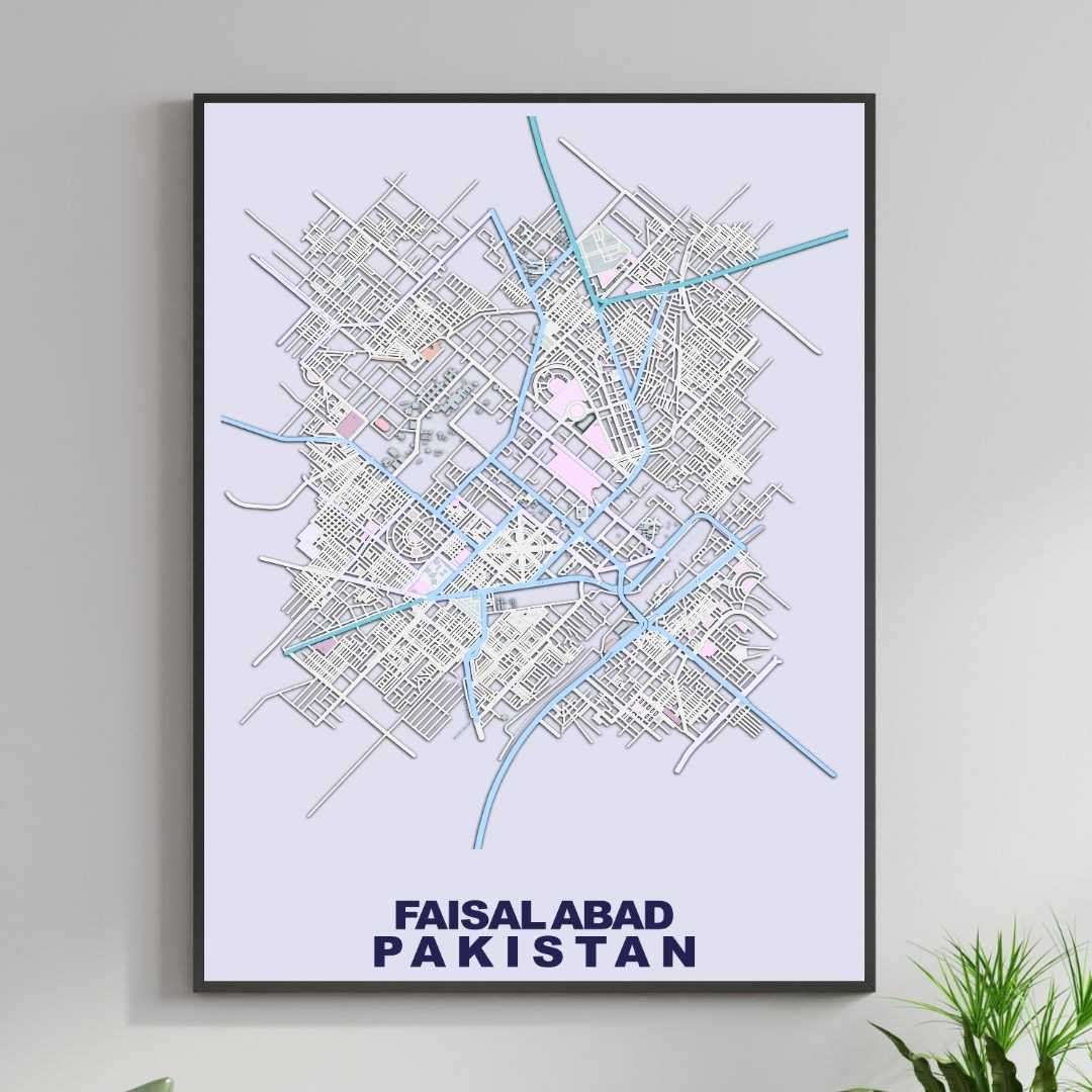 COLOURED ROAD MAP OF FAISLABAD, PAKISTAN BY MAPBAKES