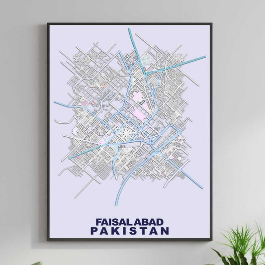 COLOURED ROAD MAP OF FAISLABAD, PAKISTAN BY MAPBAKES