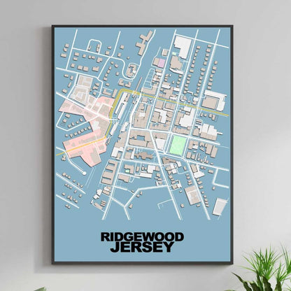 COLOURED ROAD MAP OF RIDGEWOOD, NEW JERSEY BY MAPBAKES