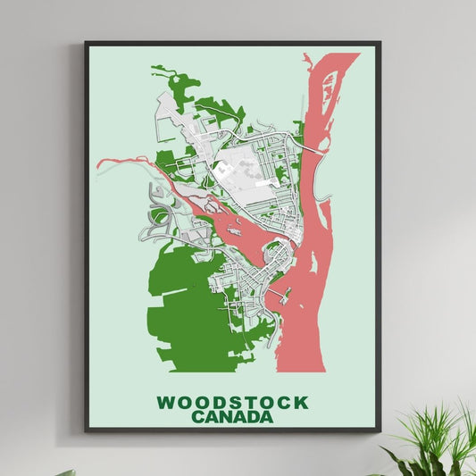 COLOURED ROAD MAP OF WOODSTOCK, CANADA BY MAPBAKES