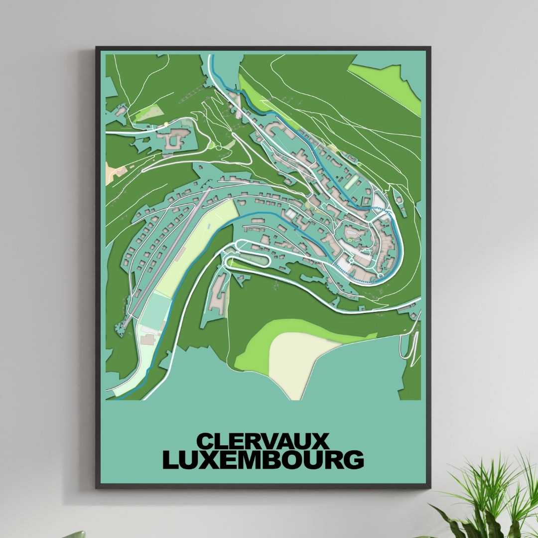 COLOURED ROAD MAP OF CLERVAUX, LUXEMBOURG BY MAPBAKES