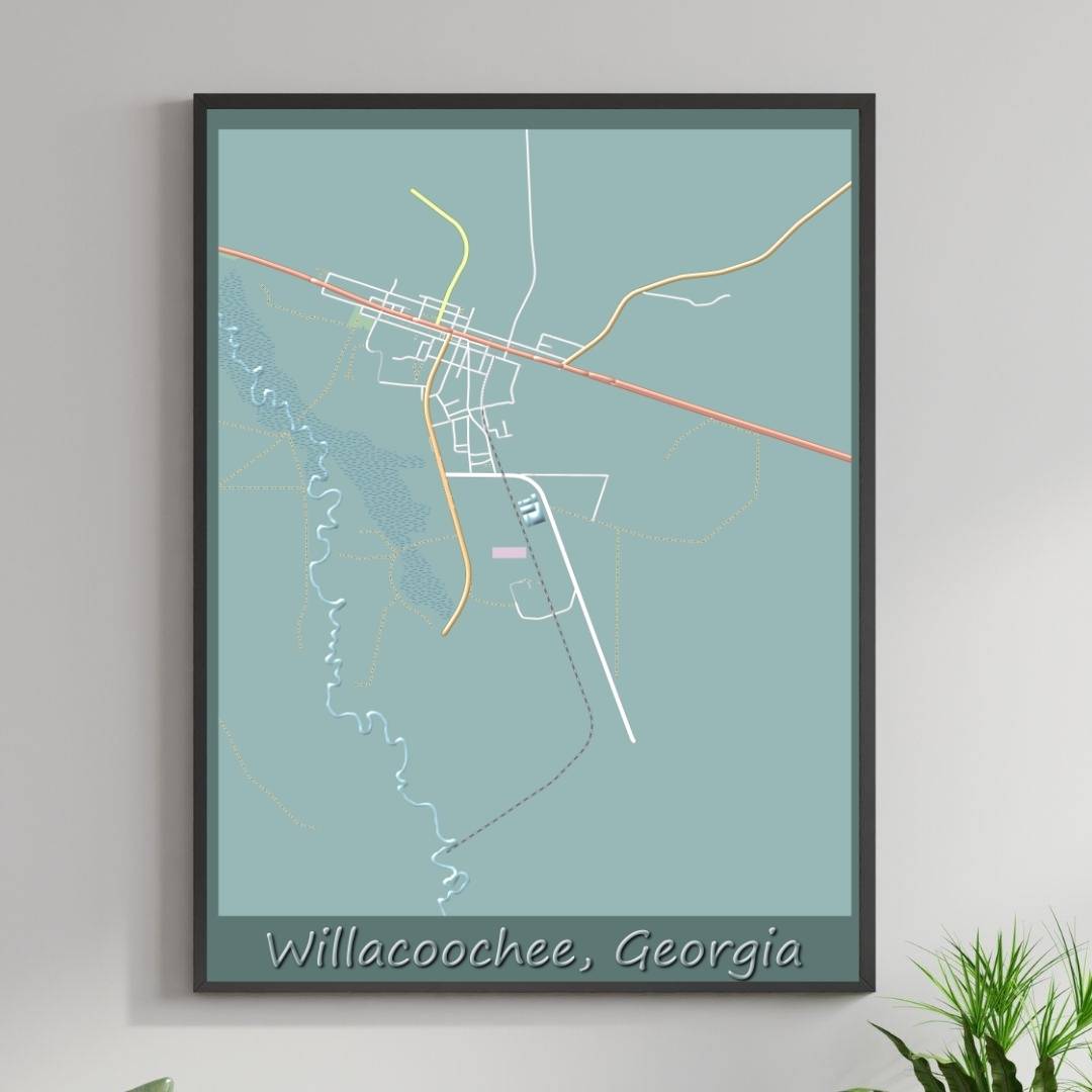 COLOURED ROAD MAP OF WILLACOOCHEE, GEORGIA BY MAPBAKES