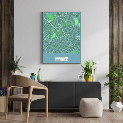 COLOURED ROAD MAP OF SOMBOR, SERBIA BY MAPBAKES