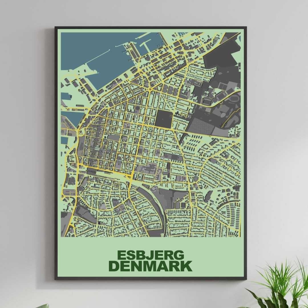 COLOURED ROAD MAP OF ESBJERG, DENMARK BY MAPBAKES