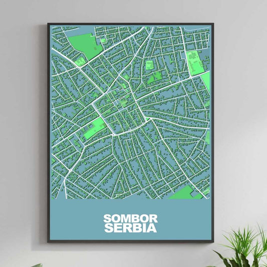 COLOURED ROAD MAP OF SOMBOR, SERBIA BY MAPBAKES