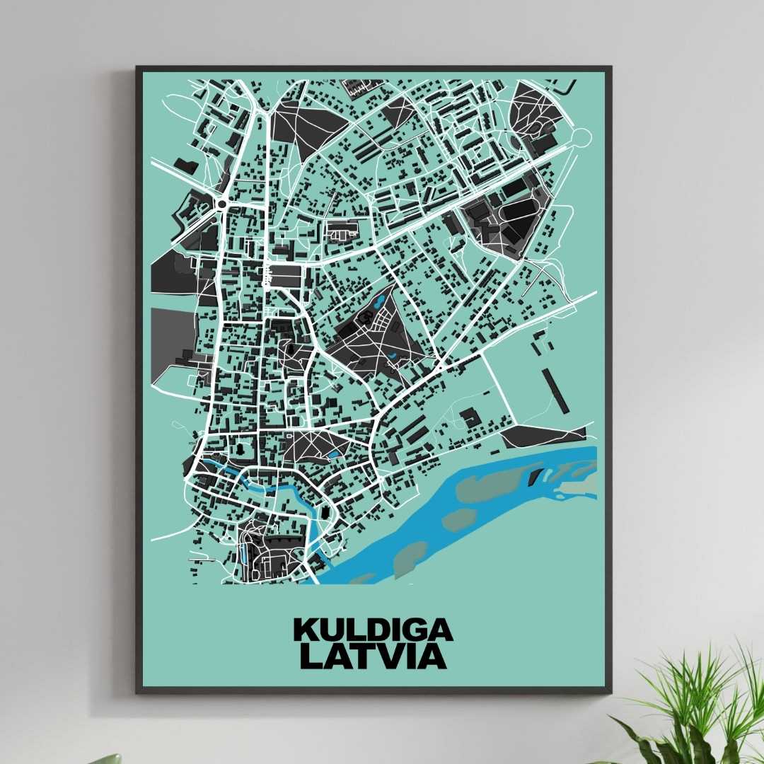 COLOURED ROAD MAP OF KULDIGA, LATVIA BY MAPBAKES