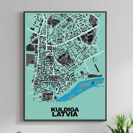 COLOURED ROAD MAP OF KULDIGA, LATVIA BY MAPBAKES