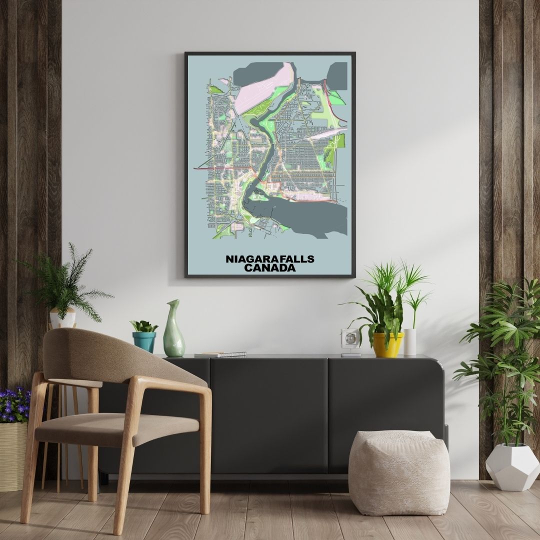 COLOURED ROAD MAP OF NIAGARA FALLS, CANADA BY MAPBAKES