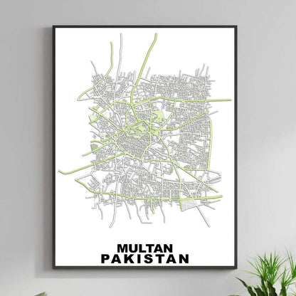 COLOURED ROAD MAP OF MULTAN, PAKISTAN BY MAPBAKES