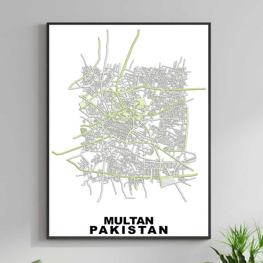 COLOURED ROAD MAP OF MULTAN, PAKISTAN BY MAPBAKES