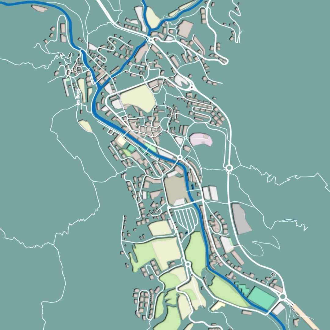 COLOURED ROAD MAP OF ENCAMP, ANDORRA BY MAPBAKES