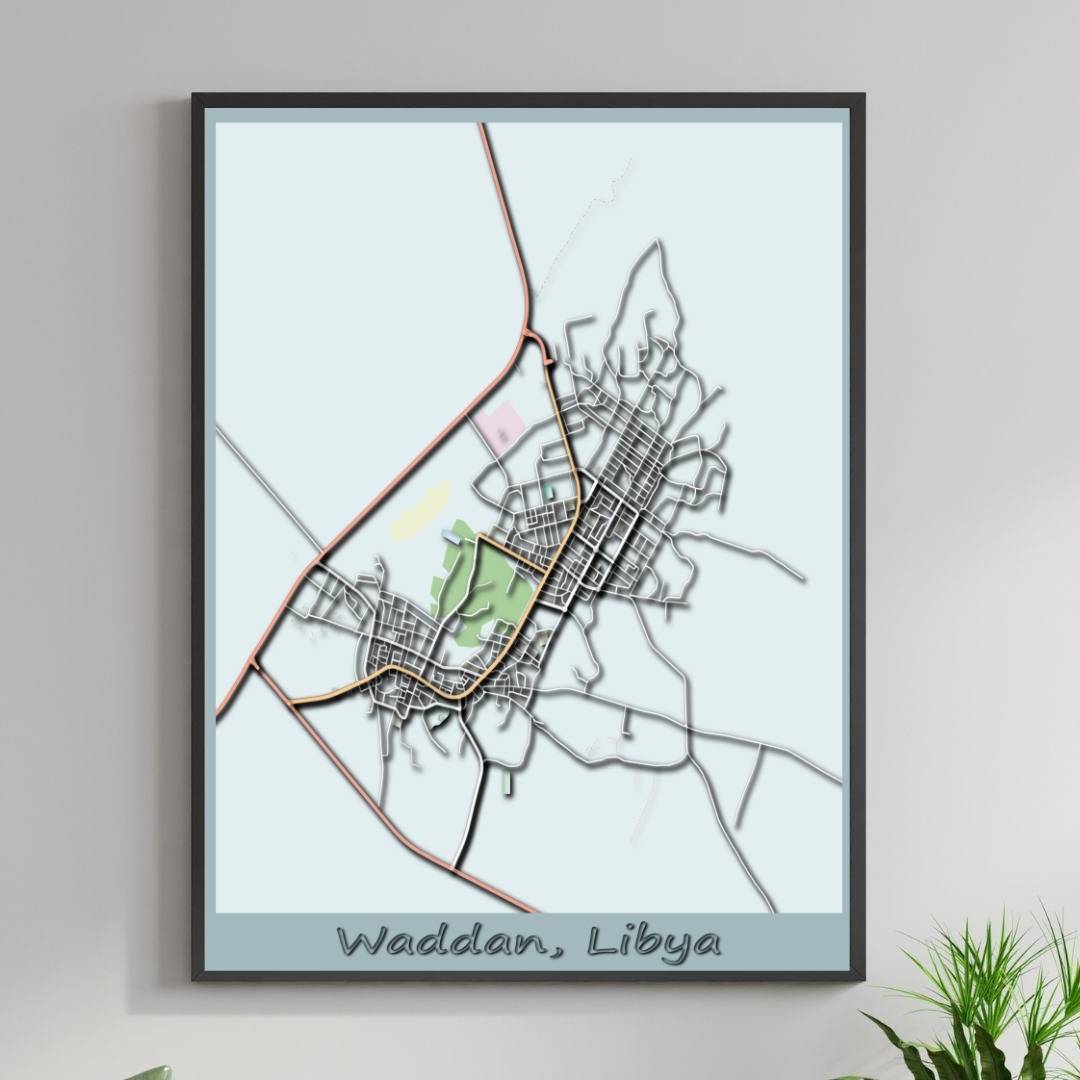 COLOURED ROAD MAP OF WADDAN, LIBYA BY MAPBAKES