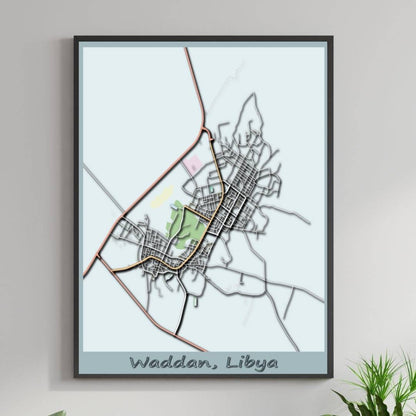 COLOURED ROAD MAP OF WADDAN, LIBYA BY MAPBAKES
