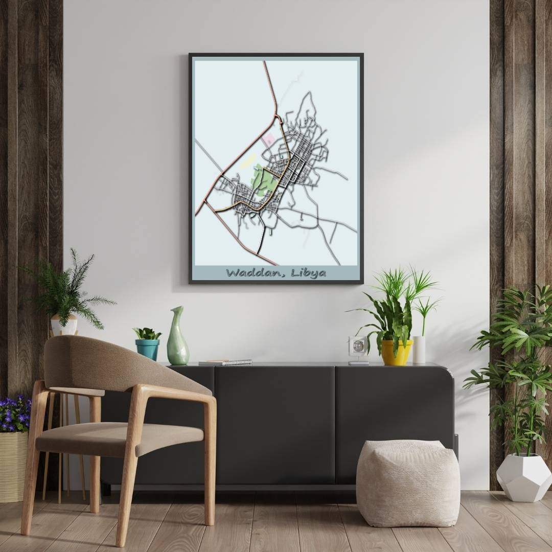 COLOURED ROAD MAP OF WADDAN, LIBYA BY MAPBAKES