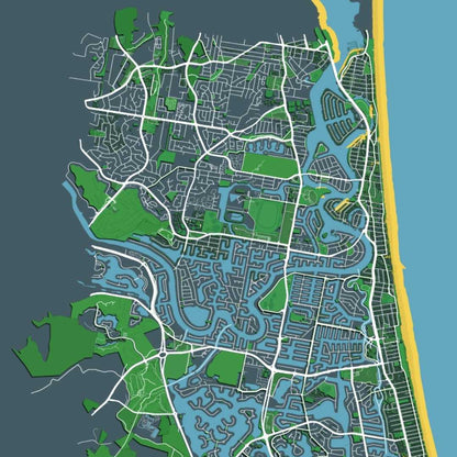 COLOURED ROAD MAP OF GOLDCOAST, AUSTRALIA BY MAPBAKES