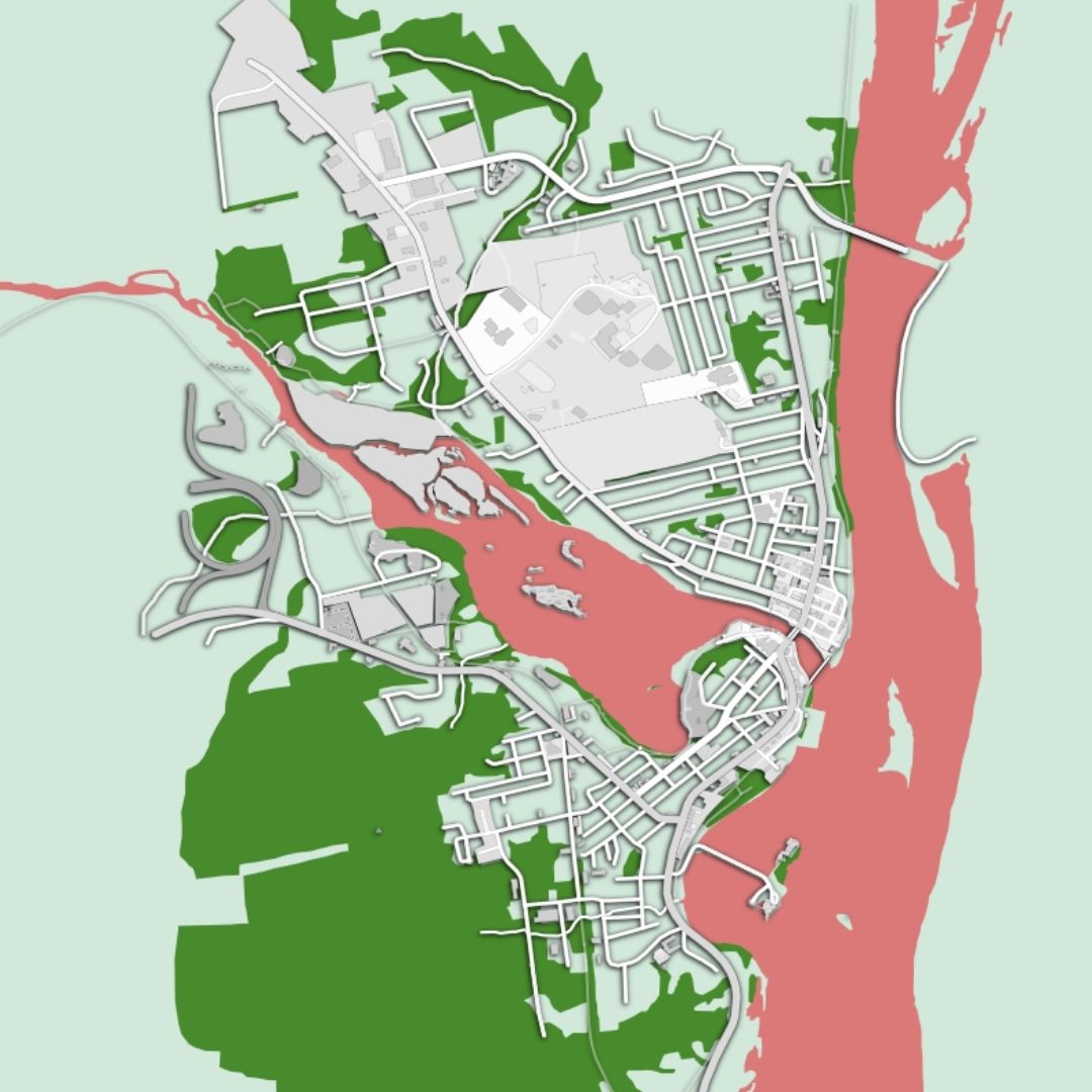 COLOURED ROAD MAP OF WOODSTOCK, CANADA BY MAPBAKES