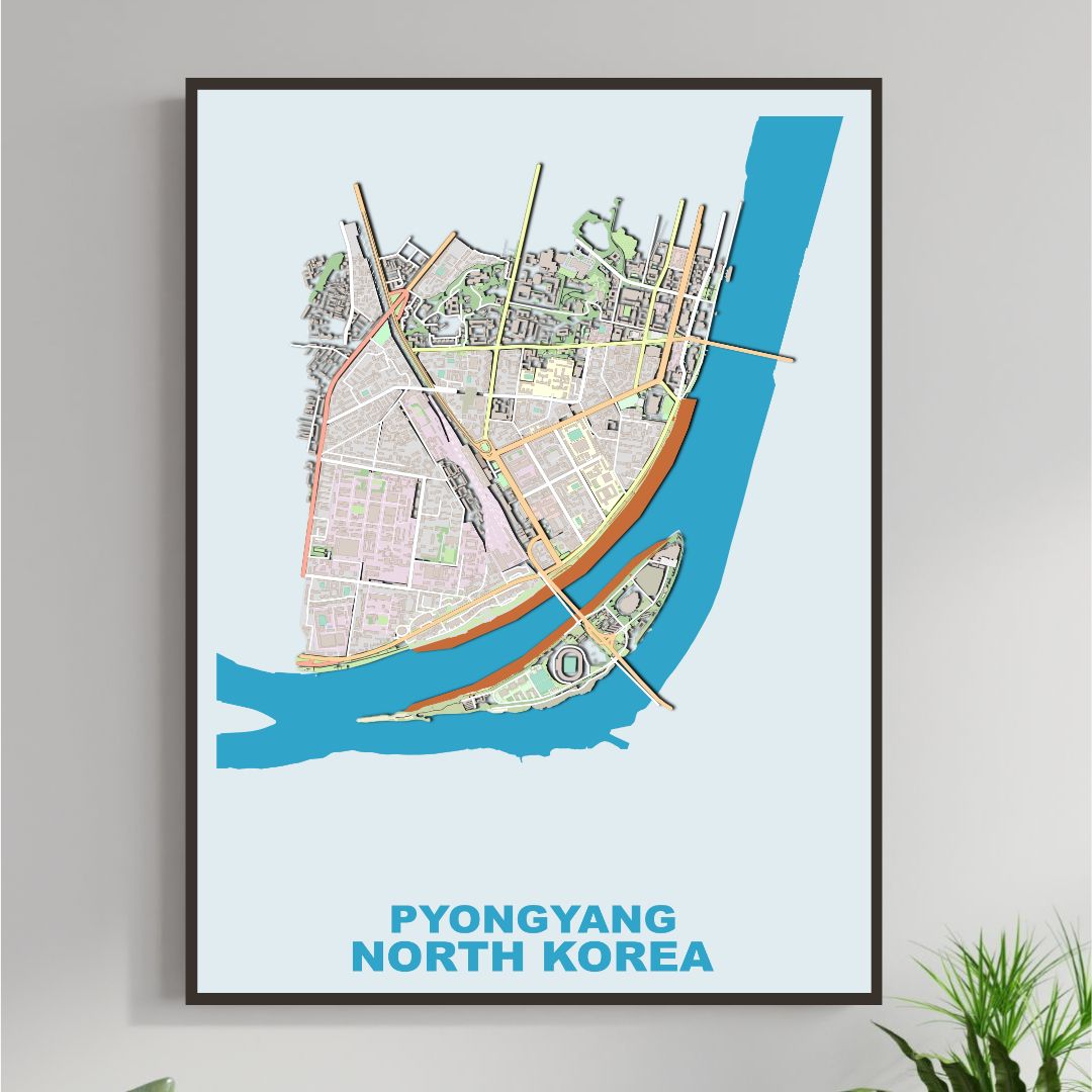 COLOURED ROAD MAP OF PYONGYANG, NORTH KOREA BY MAPBAKES