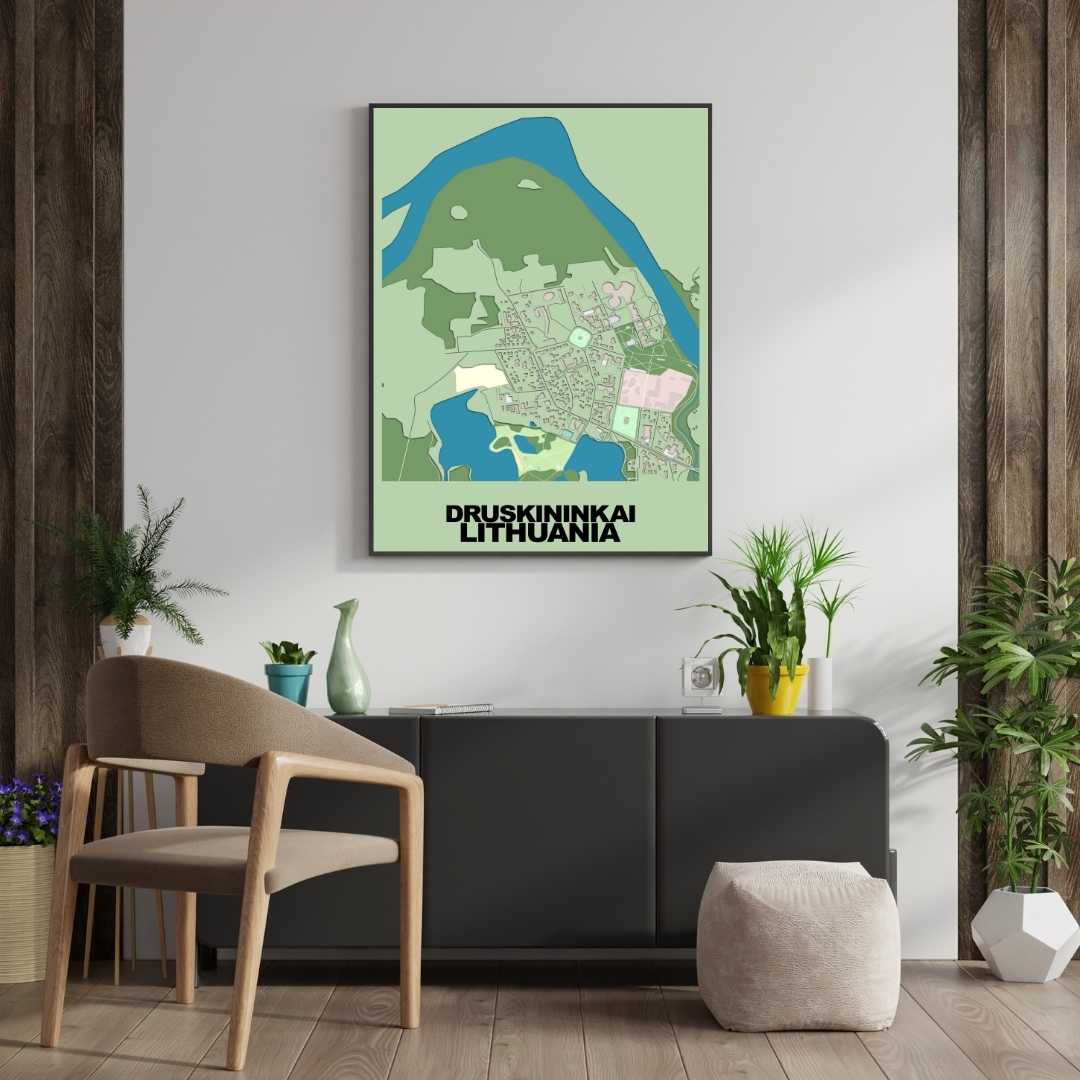 COLOURED ROAD MAP OF DRUSKININKAI, LITHUANIA BY MAPBAKES