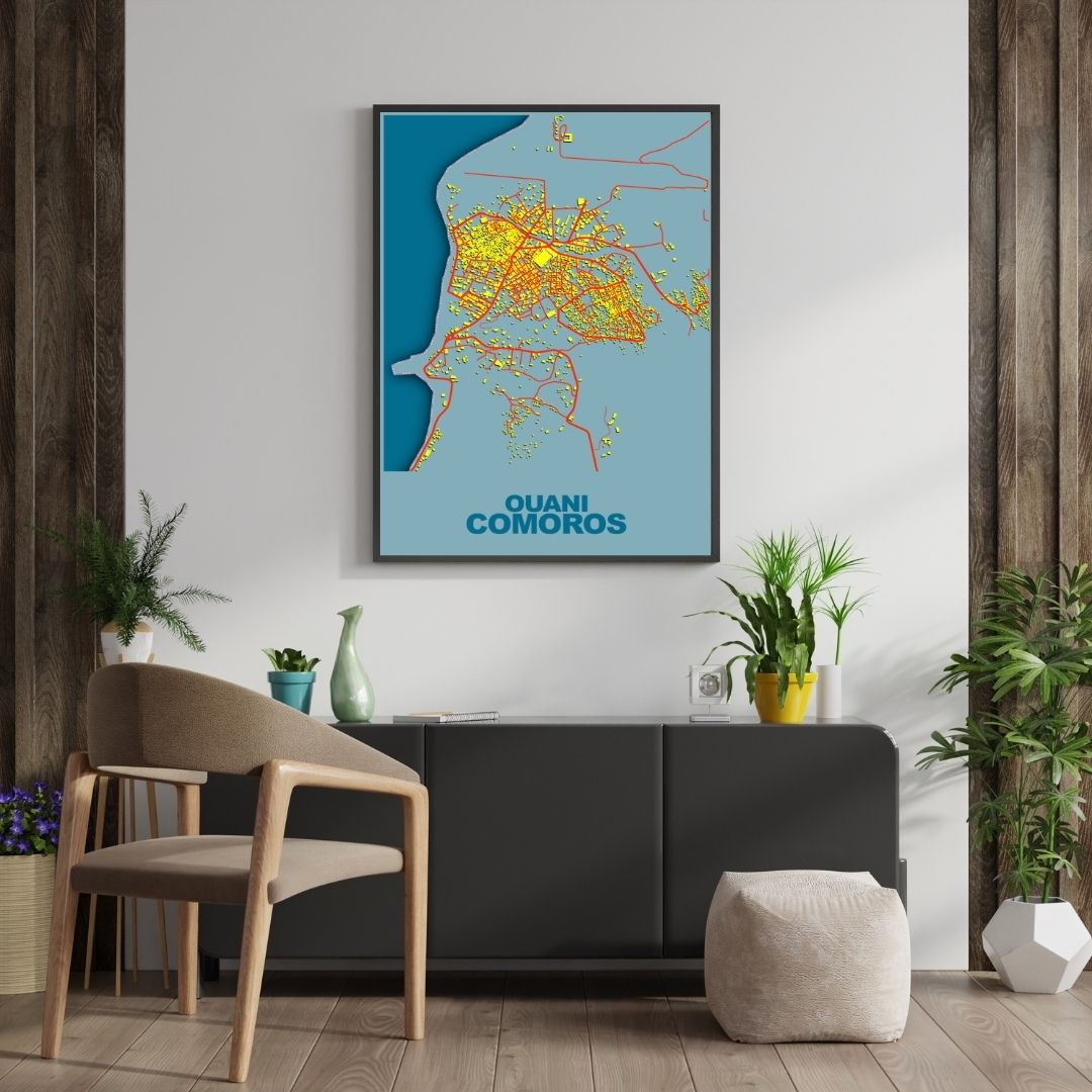 COLOURED ROAD MAP OF OUANI, COMOROS BY MAPBAKES