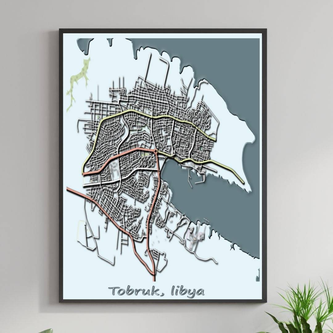COLOURED ROAD MAP OF TOBRUK, LIBYA BY MAPBAKES