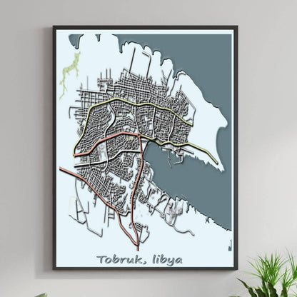 COLOURED ROAD MAP OF TOBRUK, LIBYA BY MAPBAKES