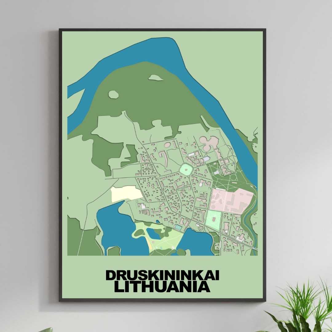 COLOURED ROAD MAP OF DRUSKININKAI, LITHUANIA BY MAPBAKES